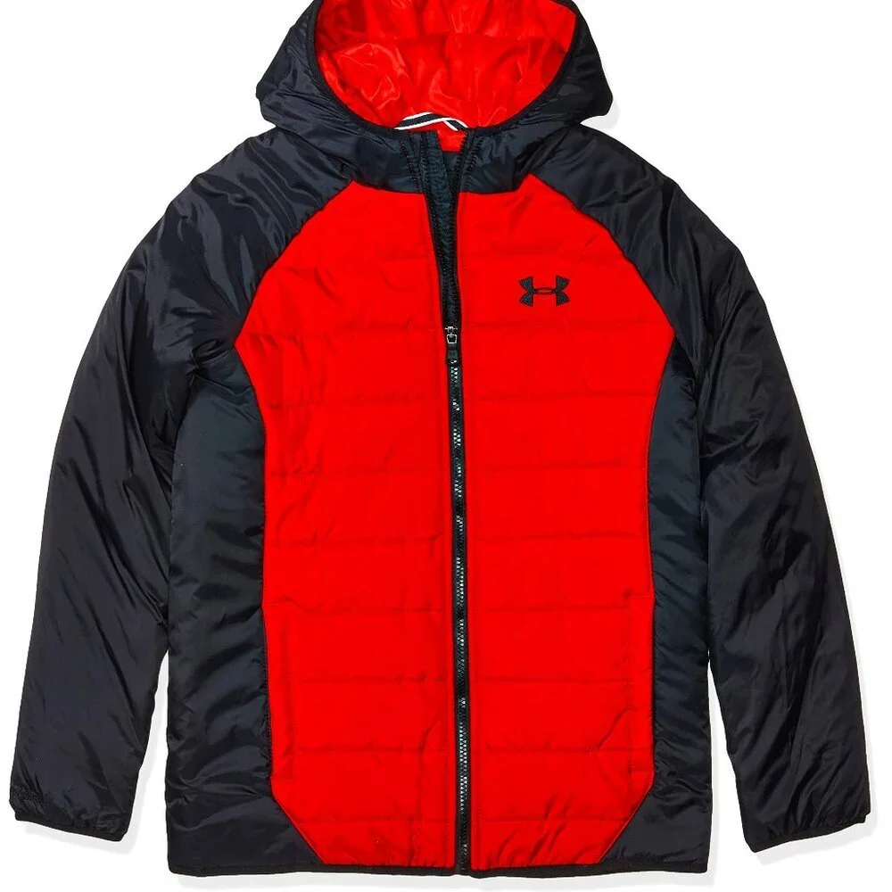 New UNDER ARMOUR Toddler Color Block Hooded Puffer Jacket Red\Black 18MO